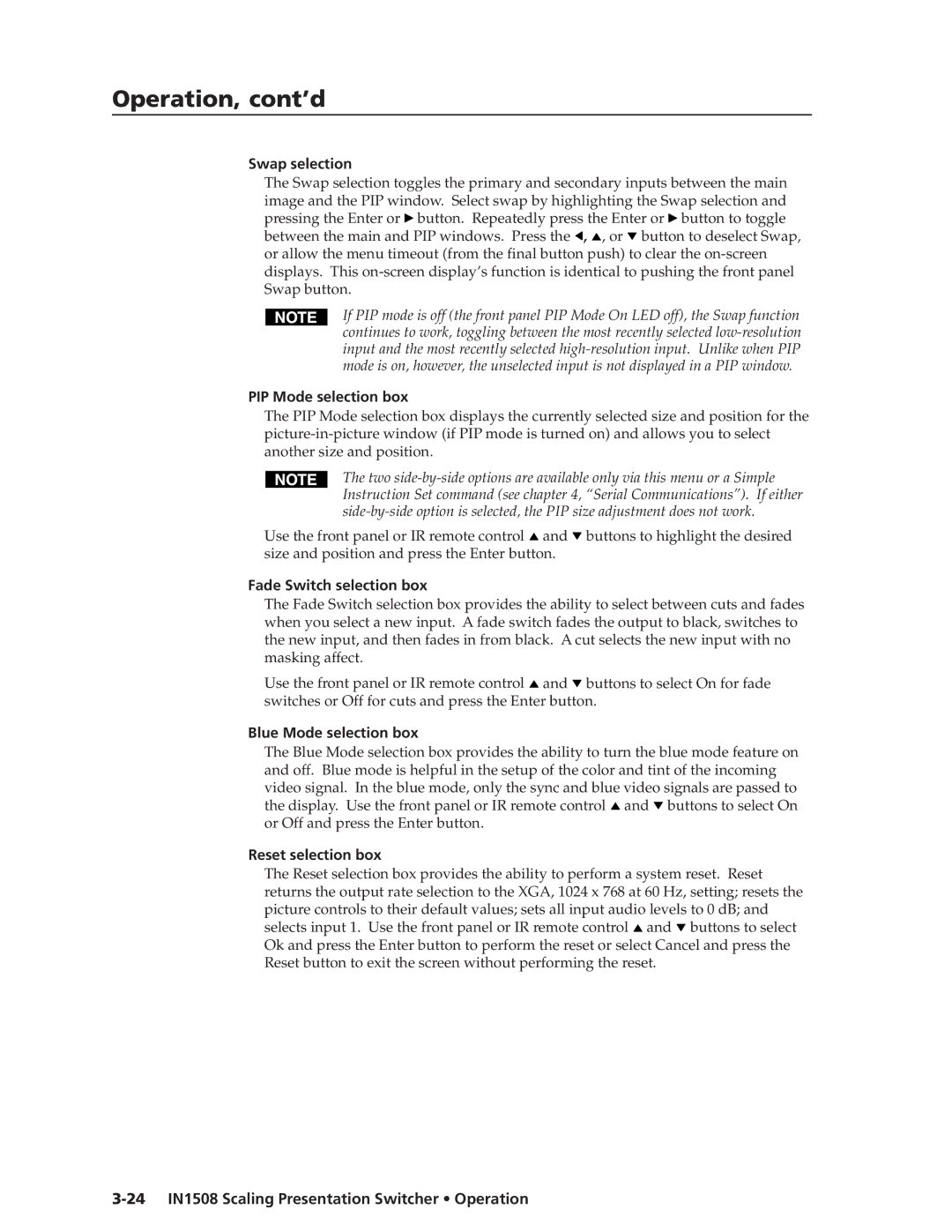 Extron electronic IN1508 manual Swap selection, PIP Mode selection box, Fade Switch selection box, Blue Mode selection box 