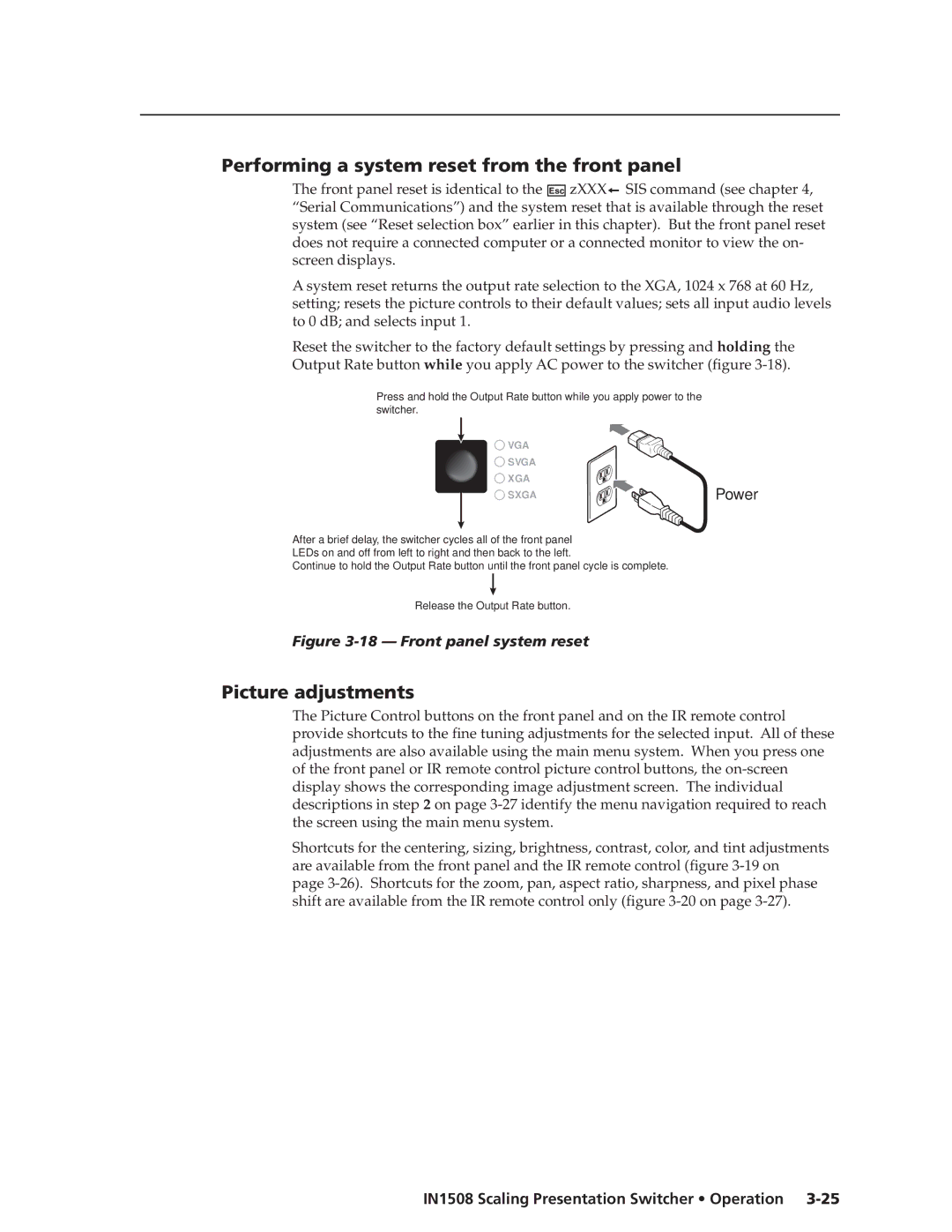 Extron electronic IN1508 manual Performing a system reset from the front panel, Picture adjustments 