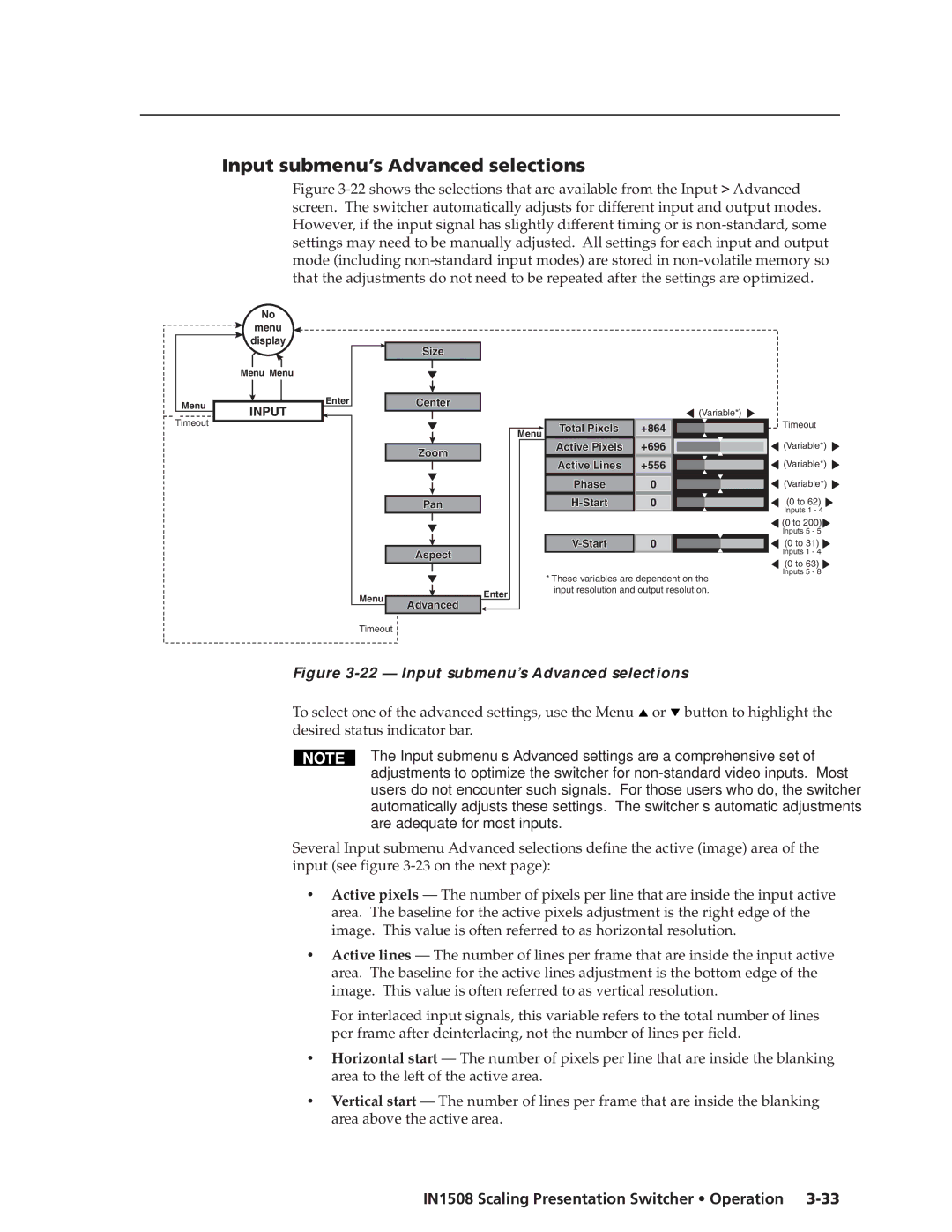 Extron electronic IN1508 manual Input submenu’s Advanced selections 