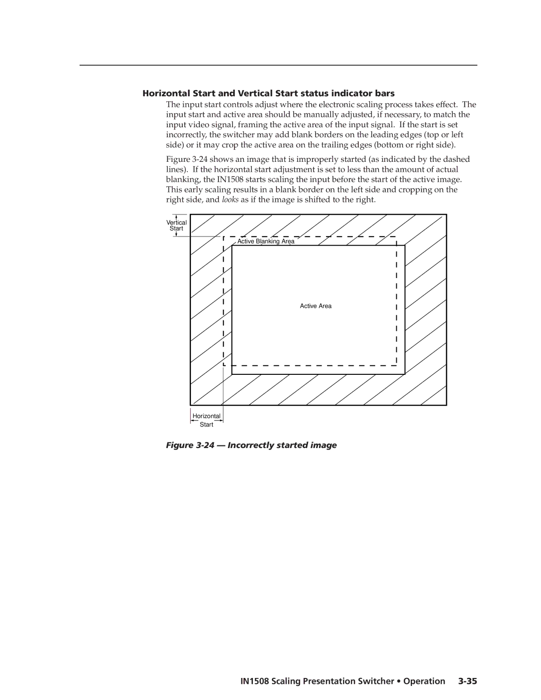 Extron electronic IN1508 manual Horizontal Start and Vertical Start status indicator bars, Incorrectly started image 