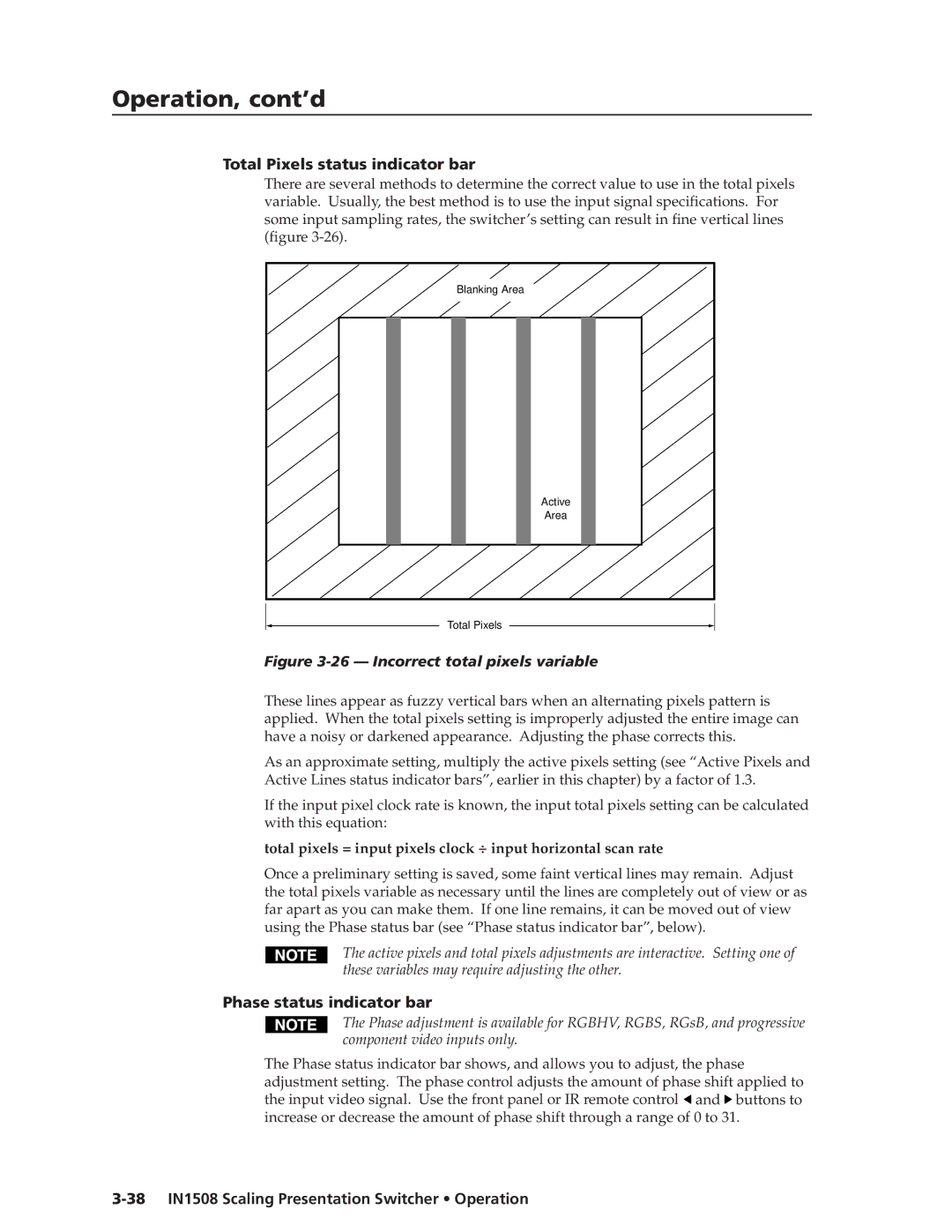 Extron electronic IN1508 manual Total Pixels status indicator bar, Phase status indicator bar 