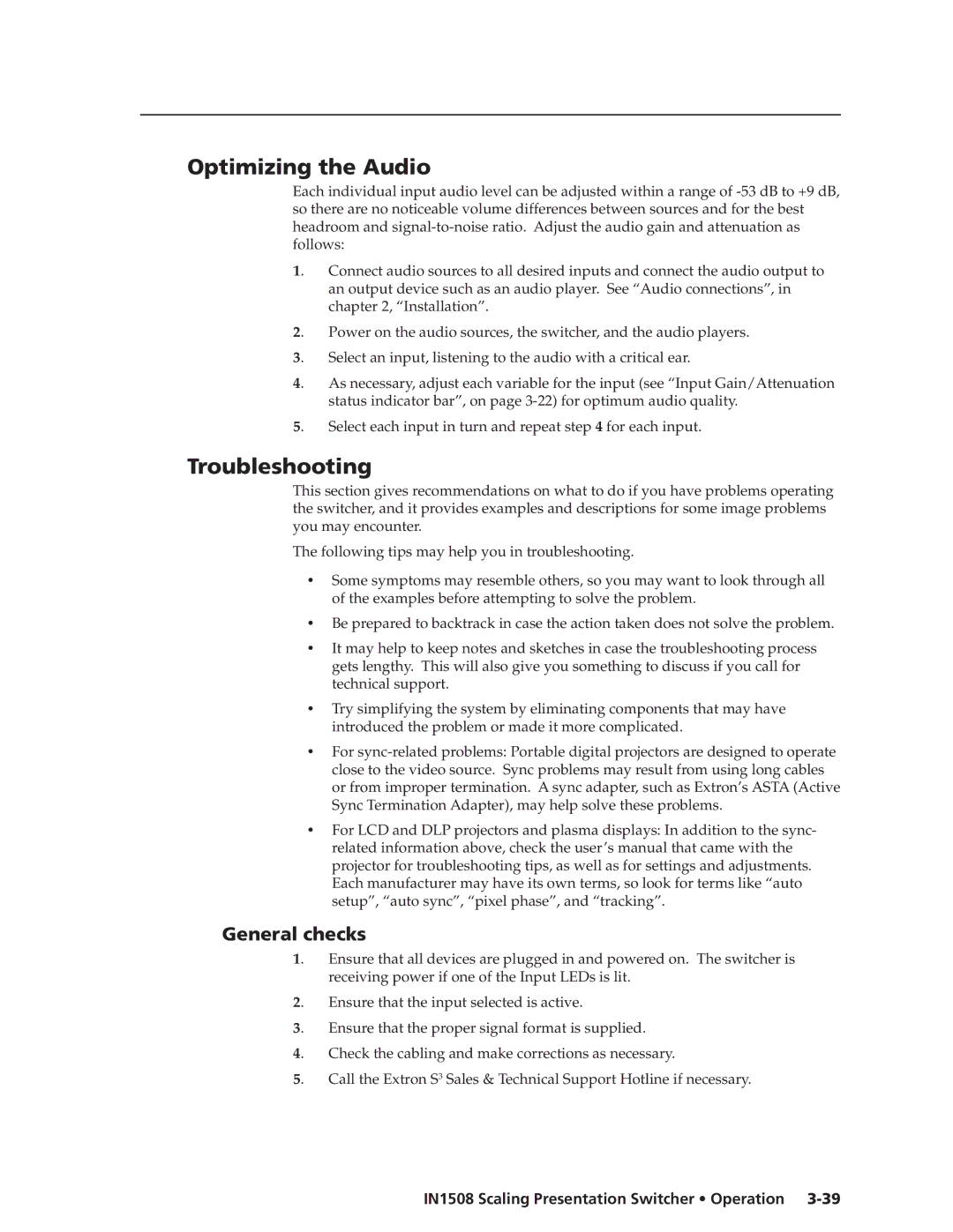 Extron electronic IN1508 manual Optimizing the Audio, Troubleshooting, General checks 