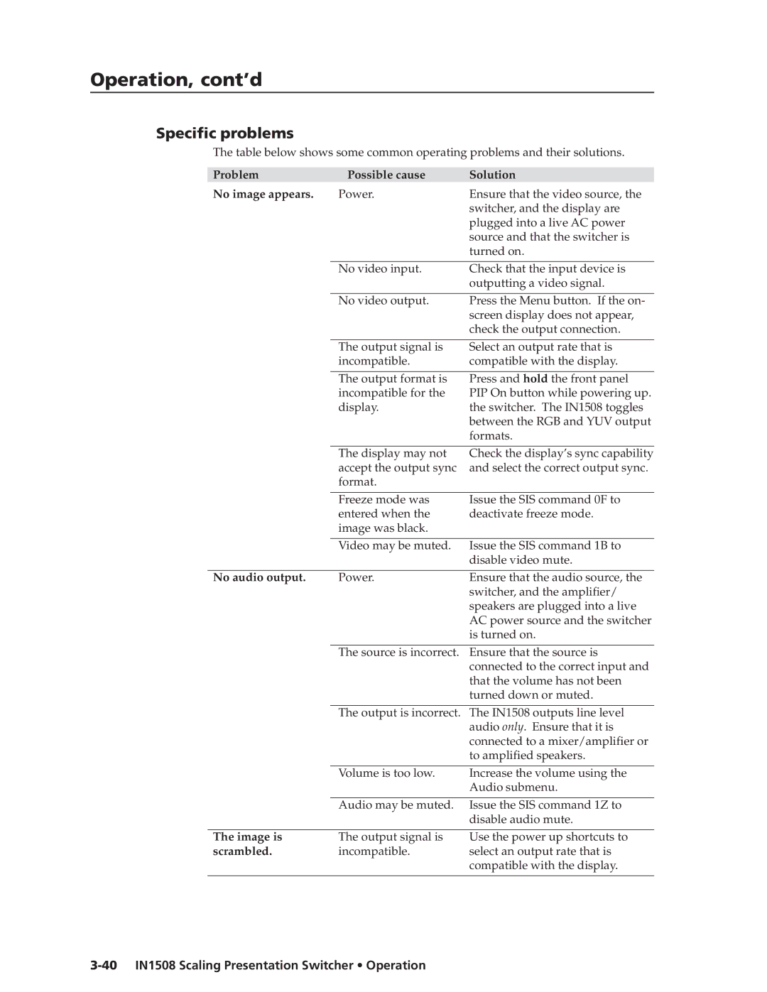 Extron electronic manual Specific problems, 40 IN1508 Scaling Presentation Switcher Operation 