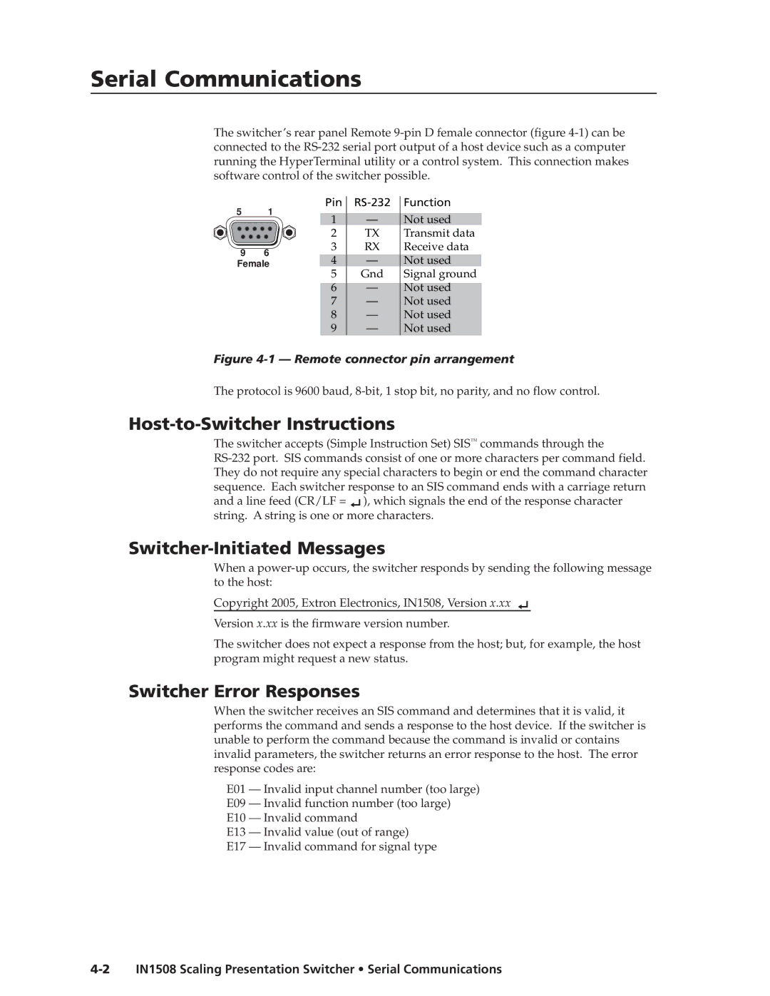 Extron electronic IN1508 manual Host-to-Switcher Instructions, Switcher-Initiated Messages, Switcher Error Responses 