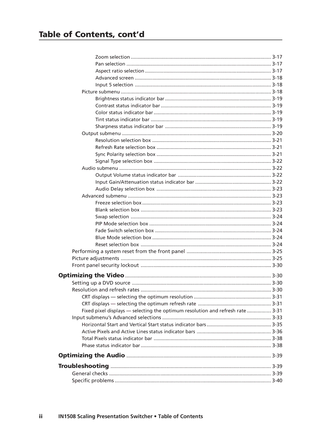 Extron electronic IN1508 manual Table of Contents, cont’d 