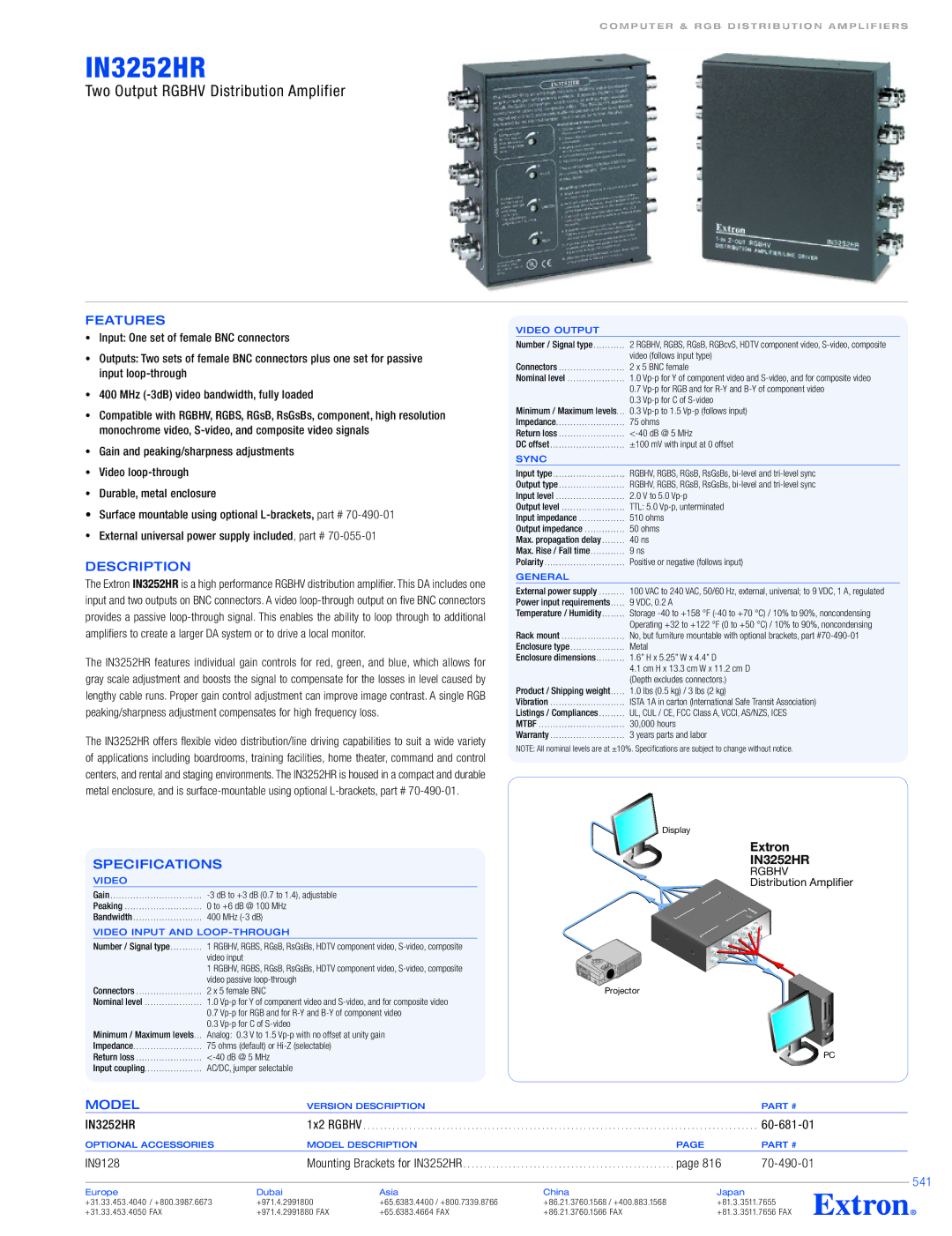 Extron electronic IN3252HR specifications Features, Description, Specifications, Model, 541 