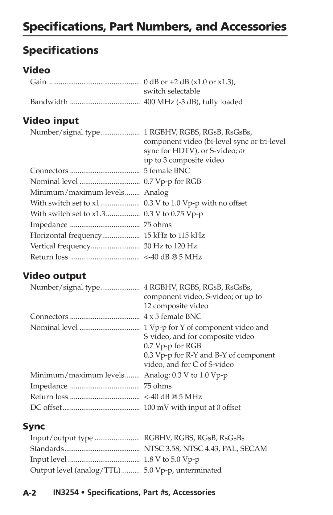 Extron electronic IN3254 user manual Specifications, Part Numbers, and Accessories 