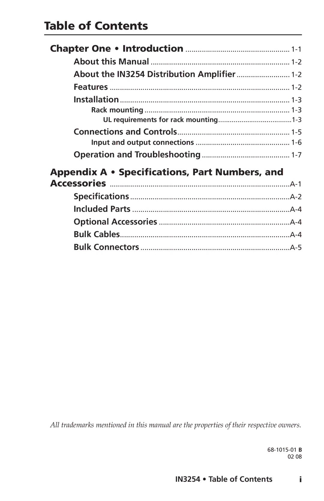 Extron electronic IN3254 user manual Table of Contents 