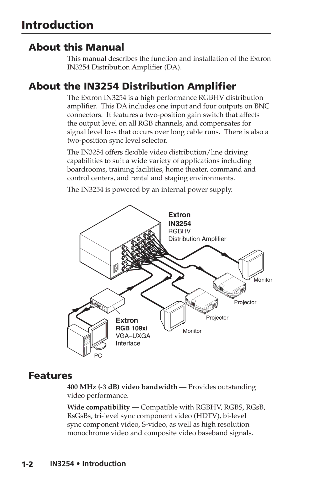 Extron electronic user manual Introduction, About this Manual, About the IN3254 Distribution Amplifier, Features 