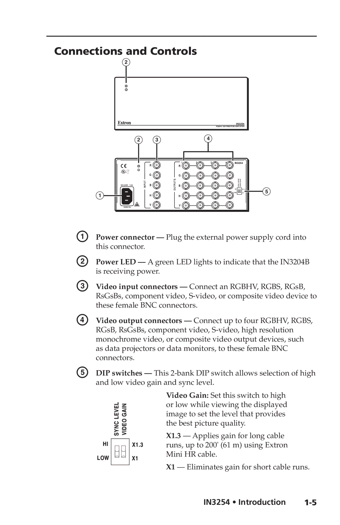 Extron electronic IN3254 user manual Connections and Controls 