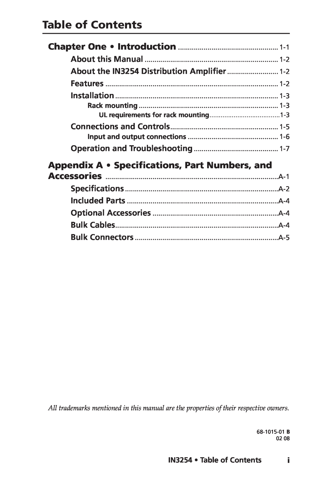 Extron electronic user manual Appendix A Specifications, Part Numbers, and, IN3254 Table of Contents 