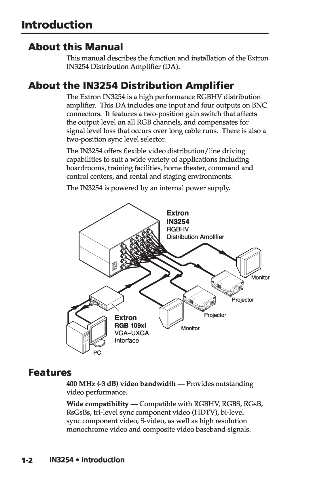 Extron electronic Introduction, About this Manual, About the IN3254 Distribution Amplifier, Features, Extron IN3254 