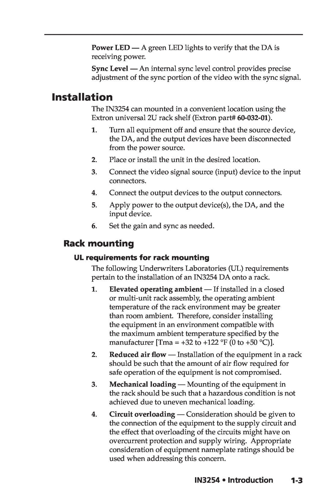 Extron electronic user manual Installation, Rack mounting, IN3254 Introduction, UL requirements for rack mounting 