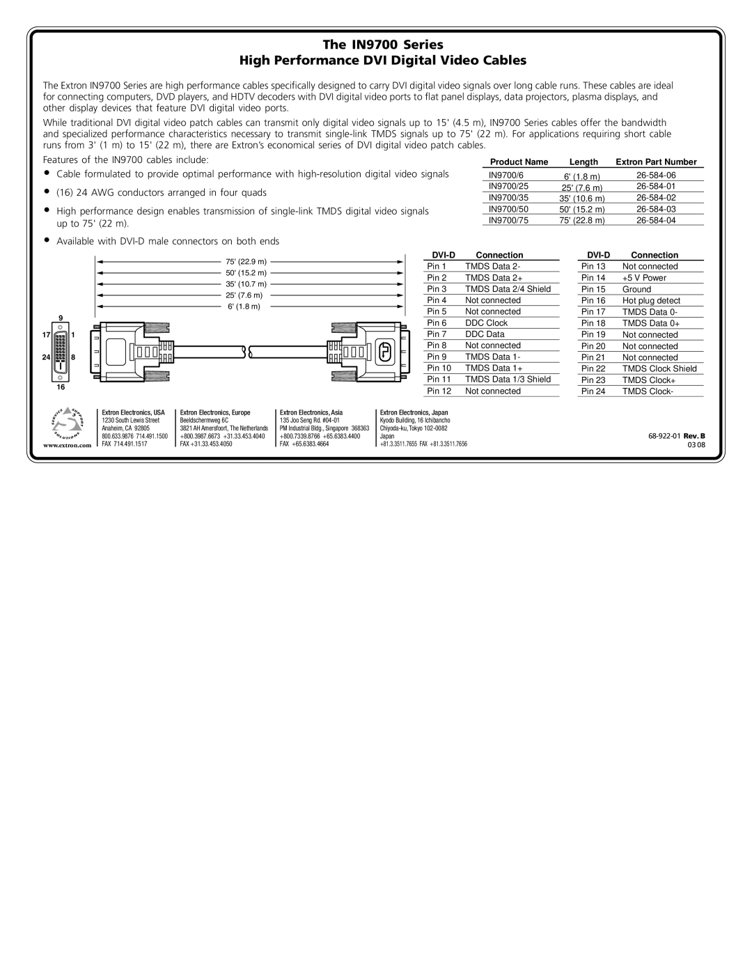 Extron electronic IN9700/25 manual IN9700 Series High Performance DVI Digital Video Cables, Product Name Length, Dvi-D 