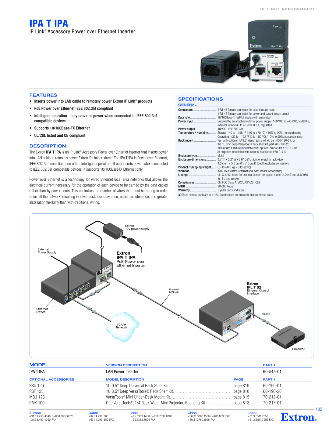 Extron electronic IPA T IPA specifications Features, Description, Specifications, Model, 485 