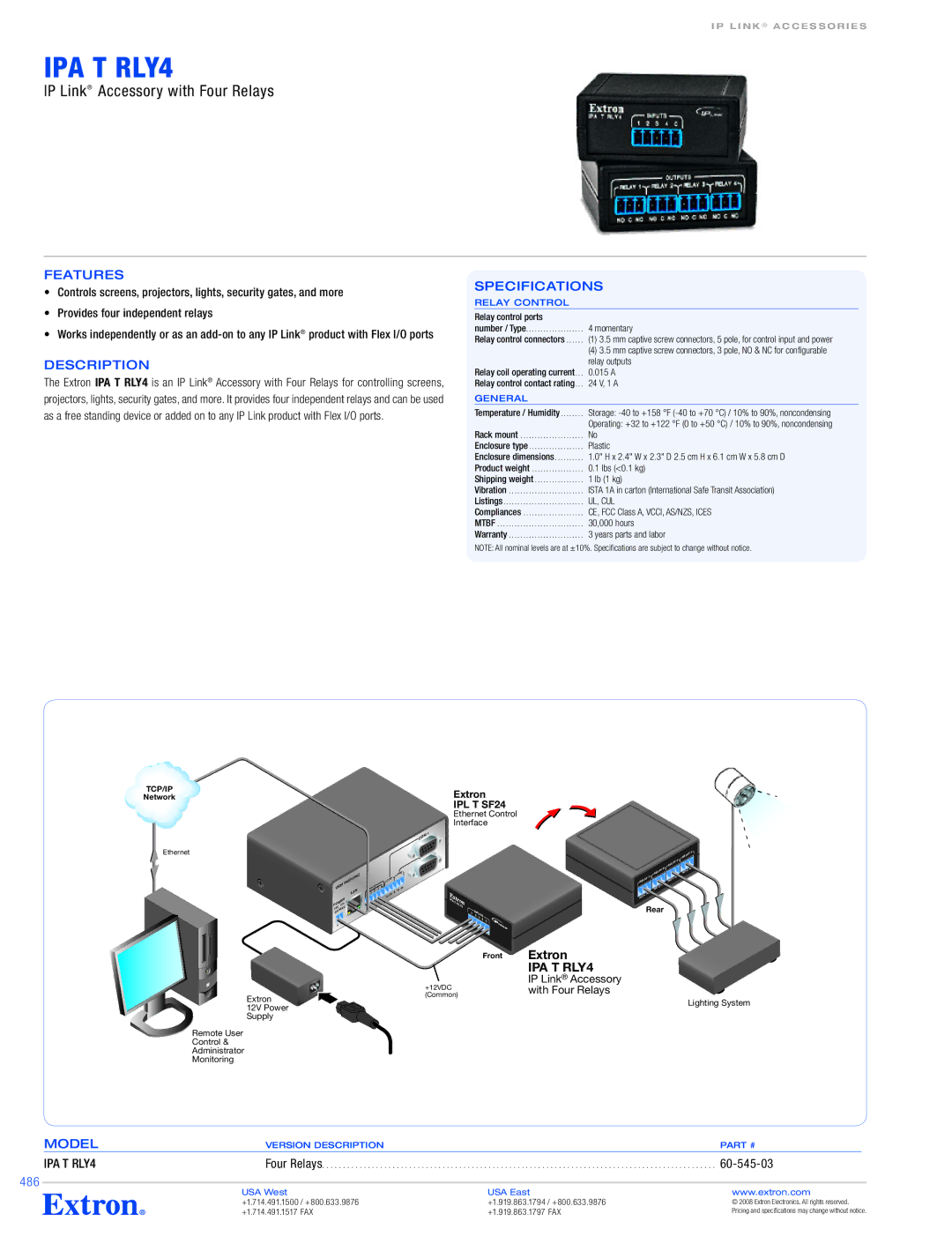 Extron electronic IPA T RLY4 specifications Description, Specifications 