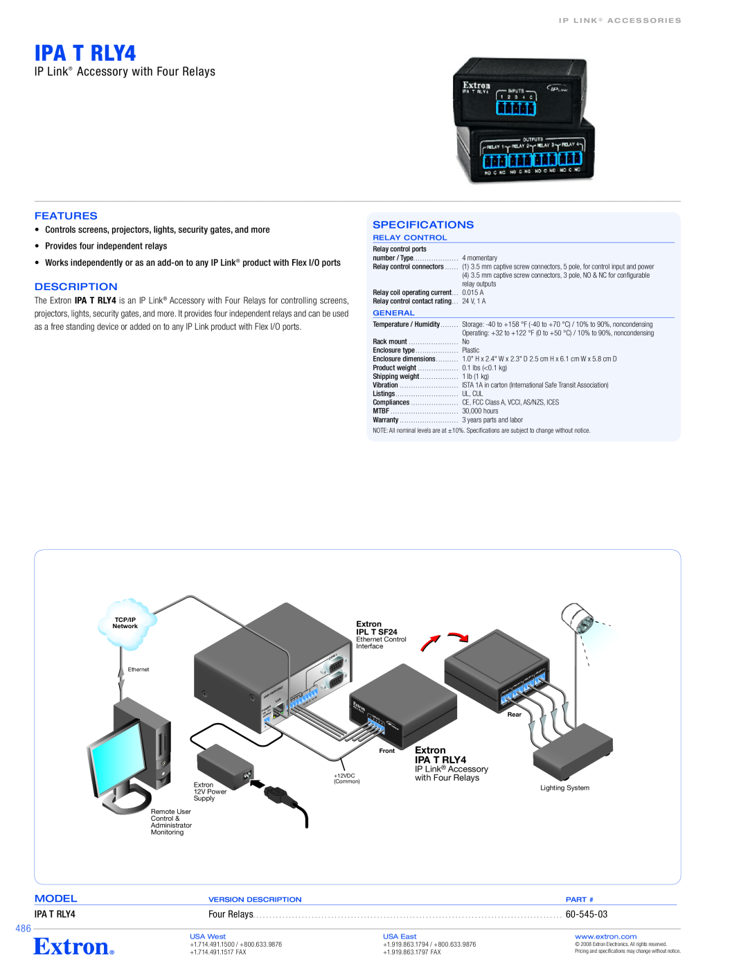 Extron electronic IPA T RLY4 specifications IP Link Accessory with Four Relays, Features, Description, Specifications 