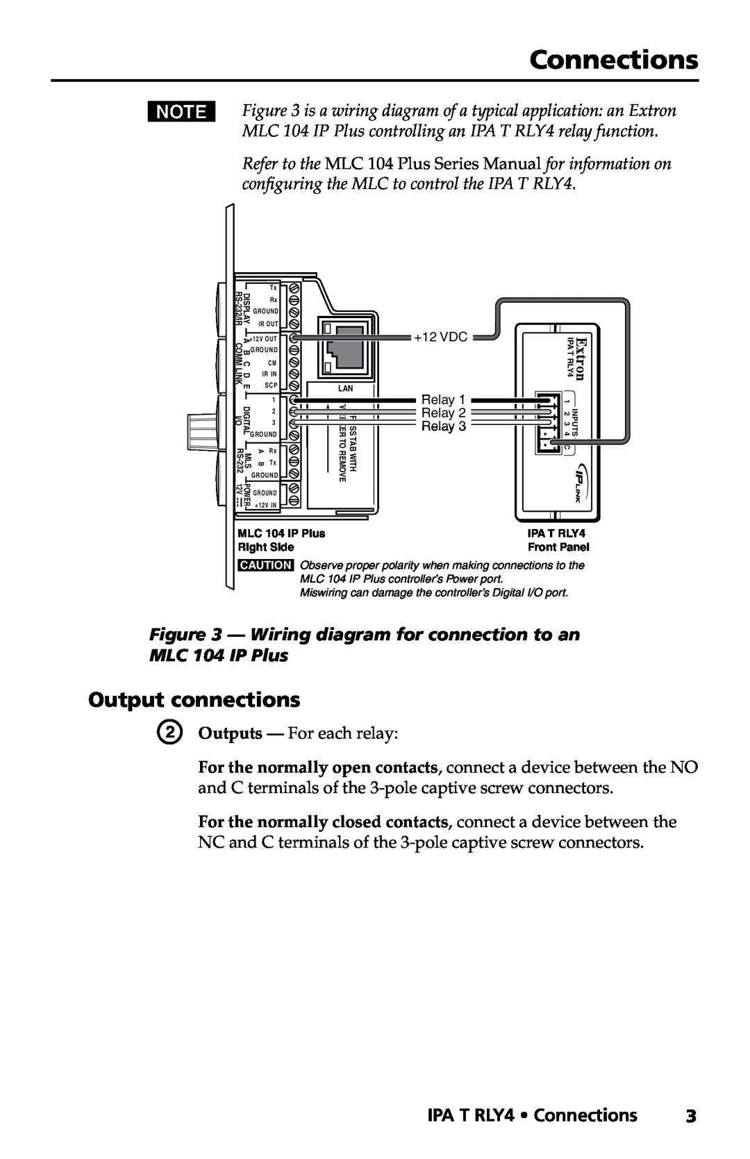 Extron electronic IPA T RLY4 manual Connections, Output connections, Wiring diagram for connection to an MLC 104 IP Plus 
