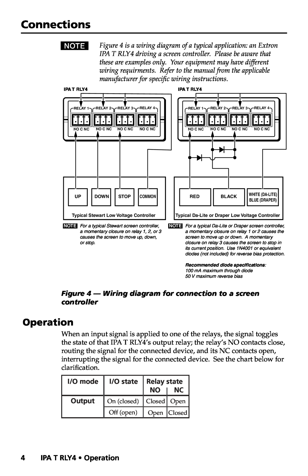 Extron electronic IPA T RLY4 Operation, Wiring diagram for connection to a screen controller, Connections, I/O mode 