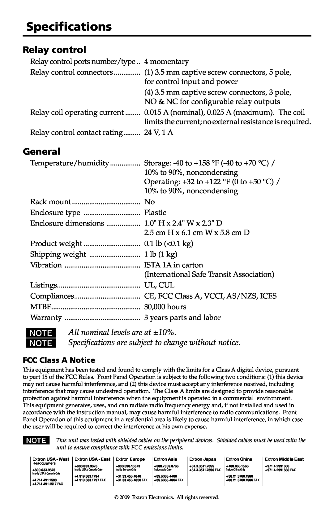 Extron electronic IPA T RLY4 Specifications, Relay control, General, N All nominal levels are at ±10%, FCC Class A Notice 