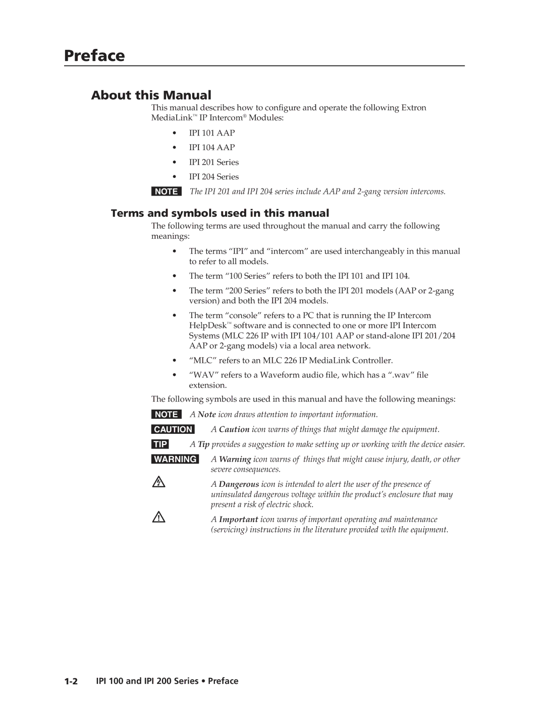 Extron electronic IPI 100, IPI 200 Preface, About this Manual, Terms and symbols used in this manual 