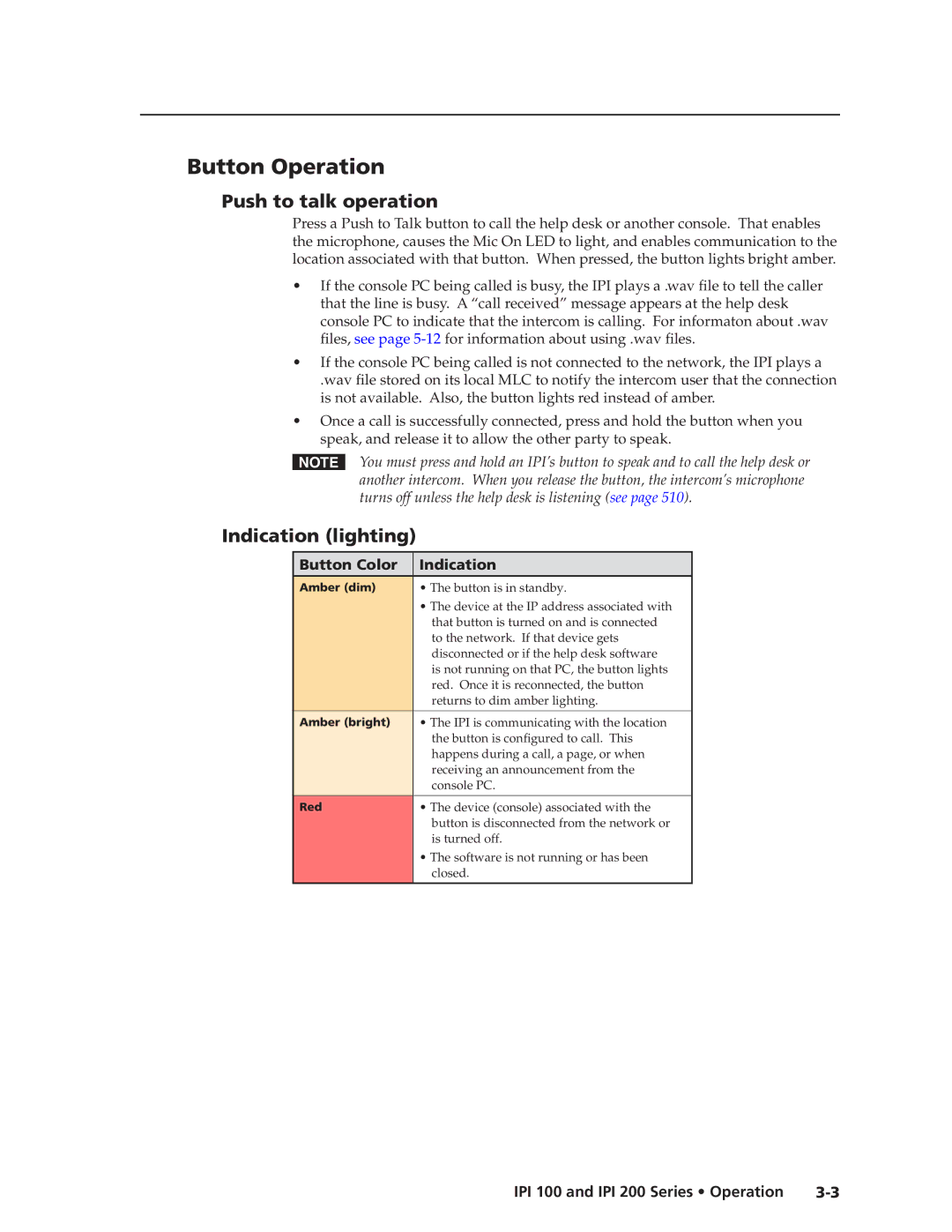 Extron electronic IPI 200 Button Operation, Push to talk operation, Indication lighting\⤀, Button Color Indication 