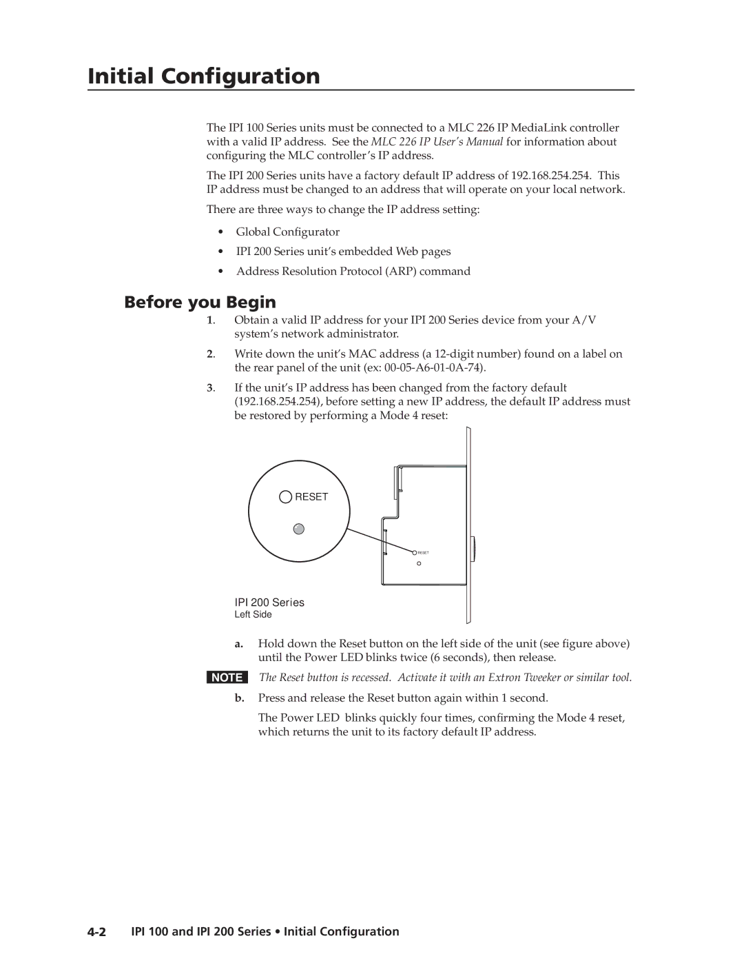 Extron electronic manual Initial Configuration, Before you Begin, IPI 100 and IPI 200 Series Initial Configuration 