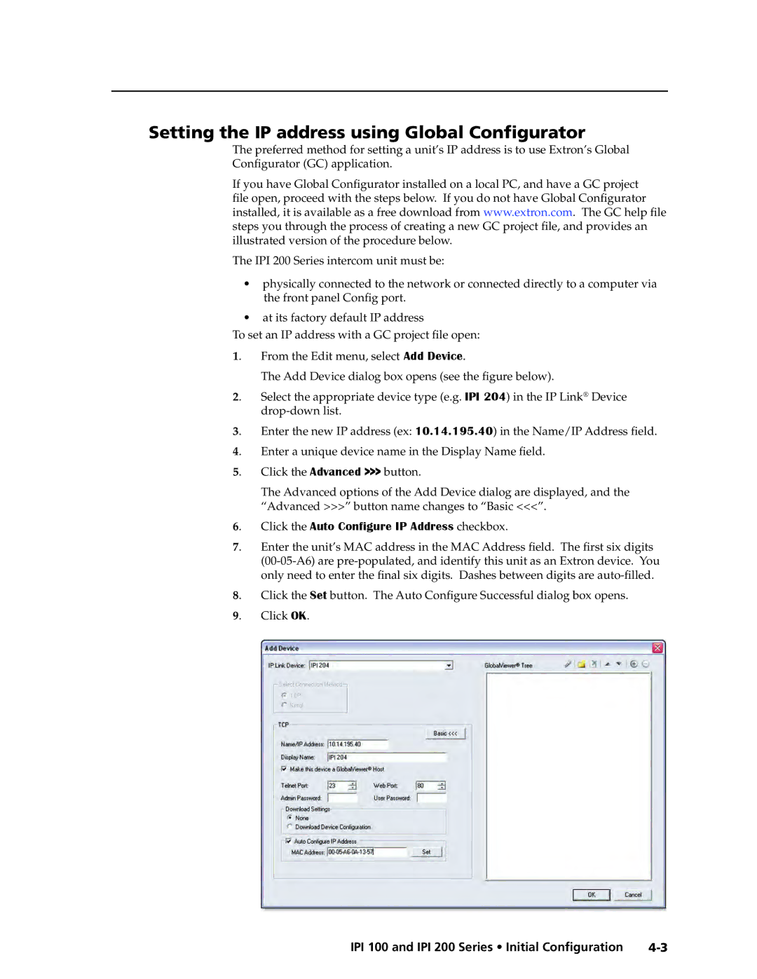 Extron electronic IPI 100 Setting the IP address using Global Configurator, IPI 200 Series intercom unit must be 