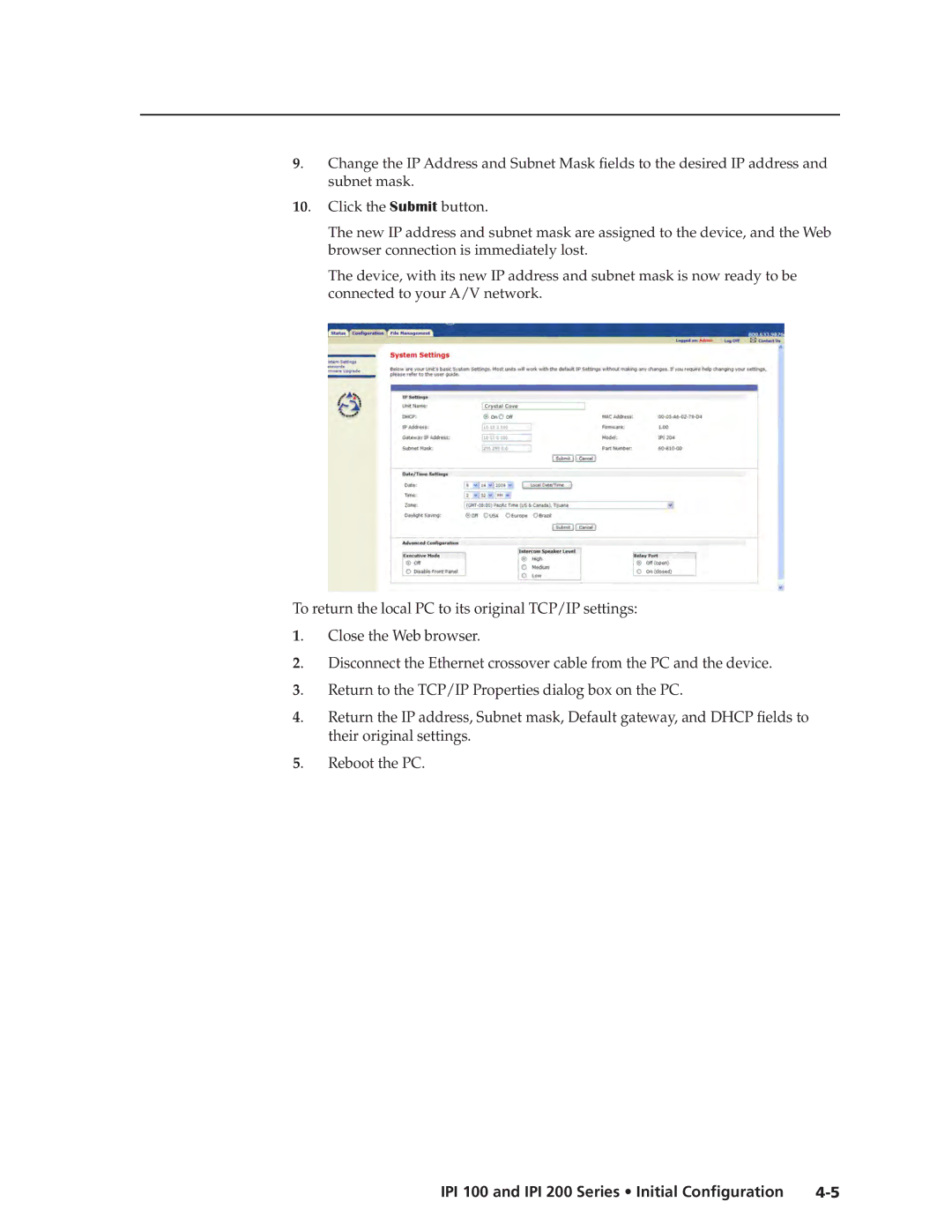 Extron electronic IPI 200, IPI 100 manual Return to the TCP/IP Properties dialog box on the PC 