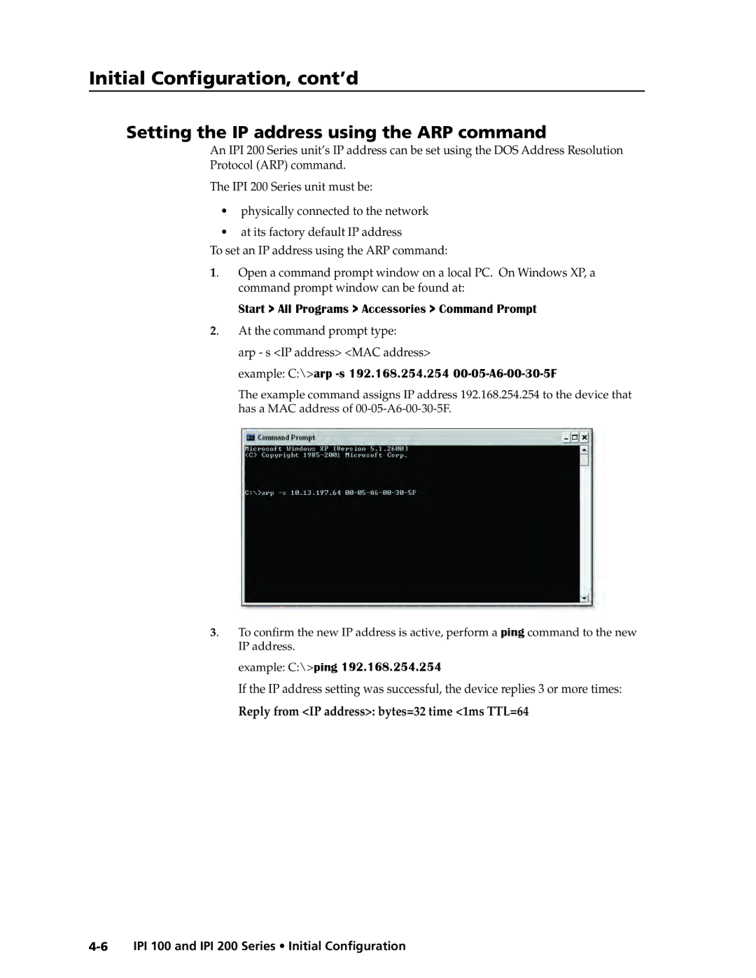 Extron electronic IPI 100, IPI 200 manual Setting the IP address using the ARP command, Arp s IP address MAC address 