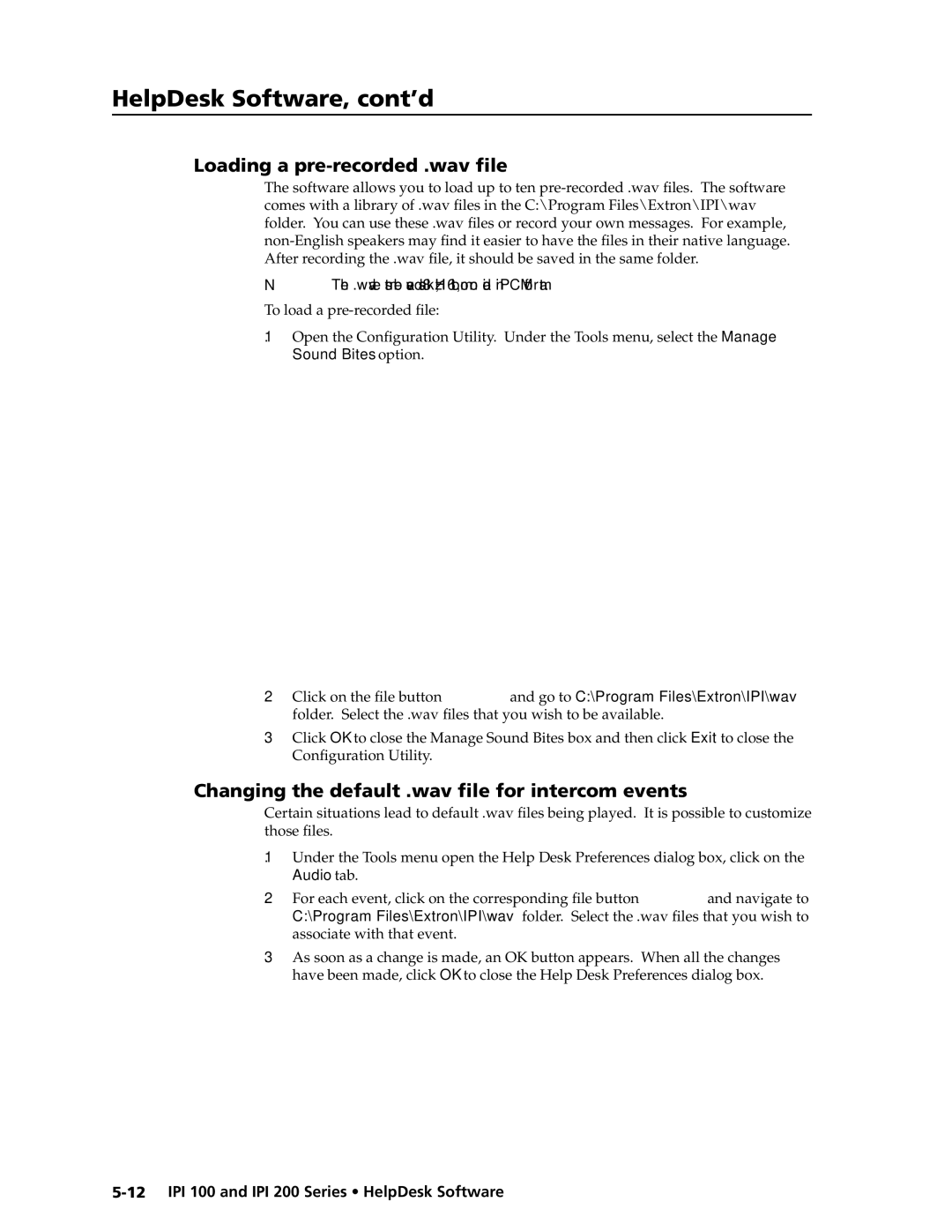 Extron electronic IPI 100, IPI 200 Loading a pre-recorded .wav file, Changing the default .wav file for intercom events 
