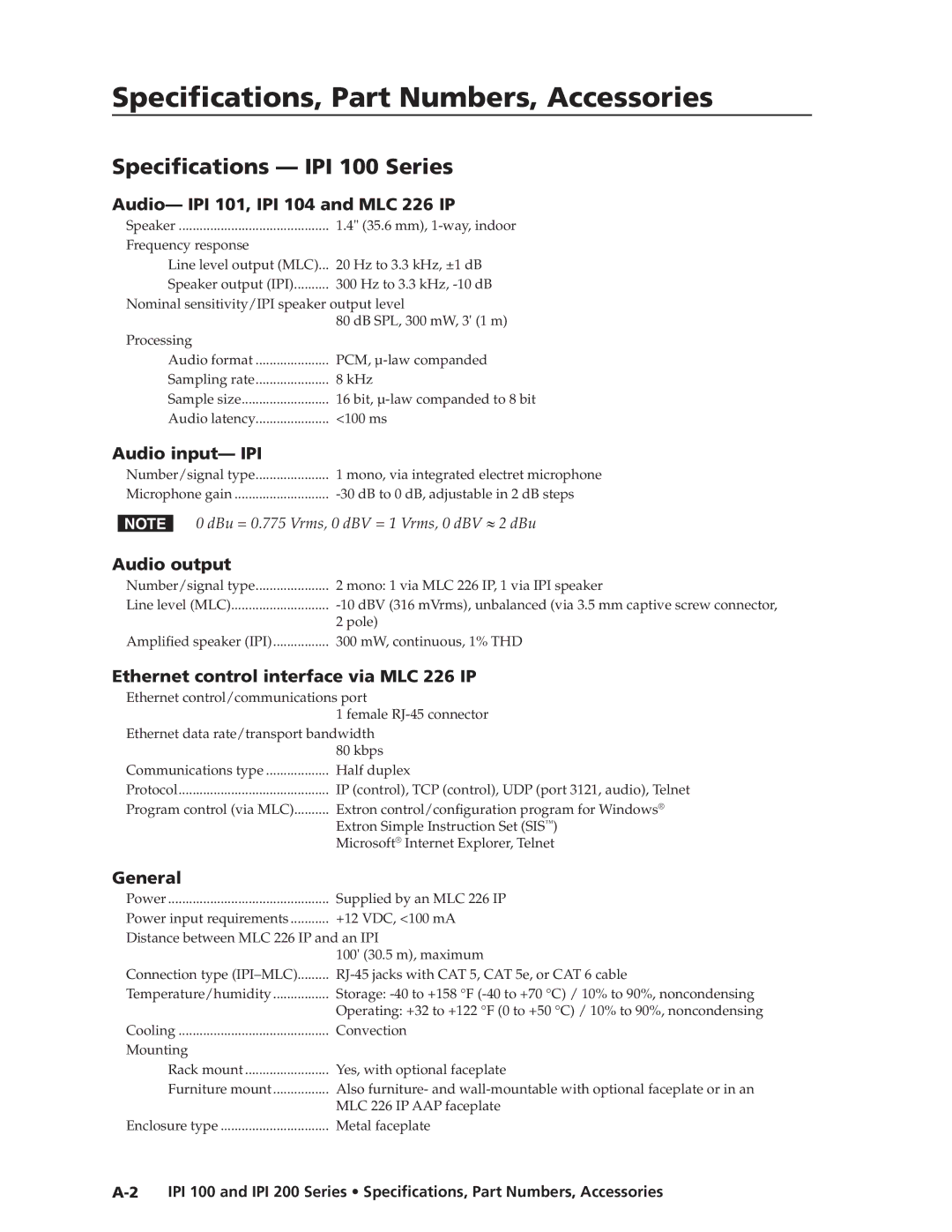 Extron electronic IPI 200 manual Specifications, Part Numbers, Accessories, Specifications IPI 100 Series 