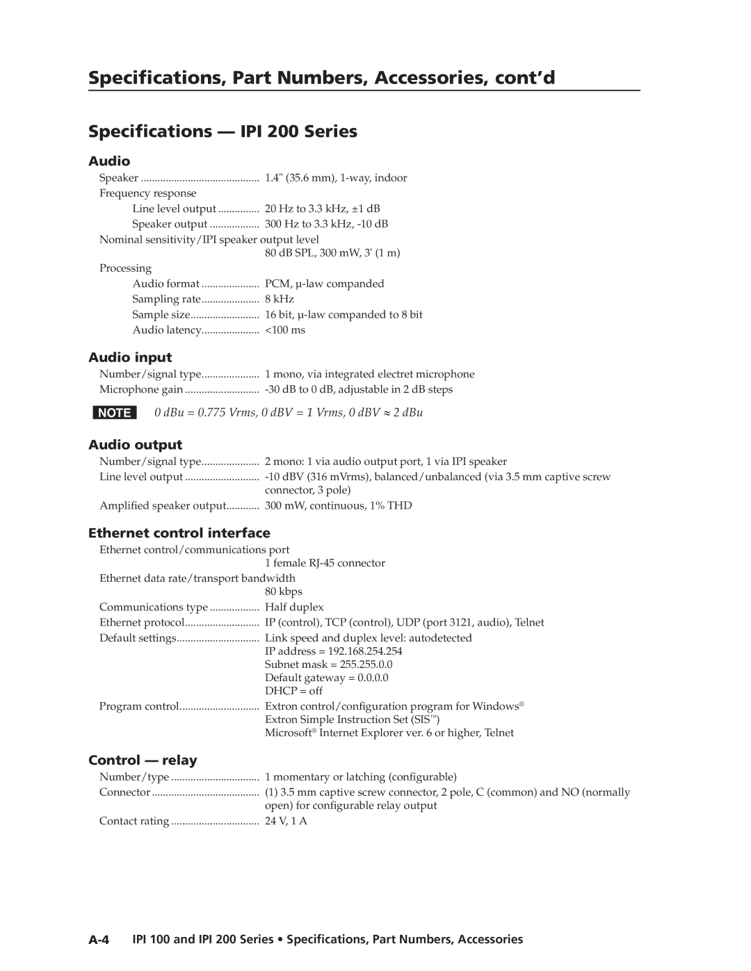 Extron electronic IPI 100 manual Specifications, Part Numbers, Accessories, cont’d, Specifications IPI 200 Series 