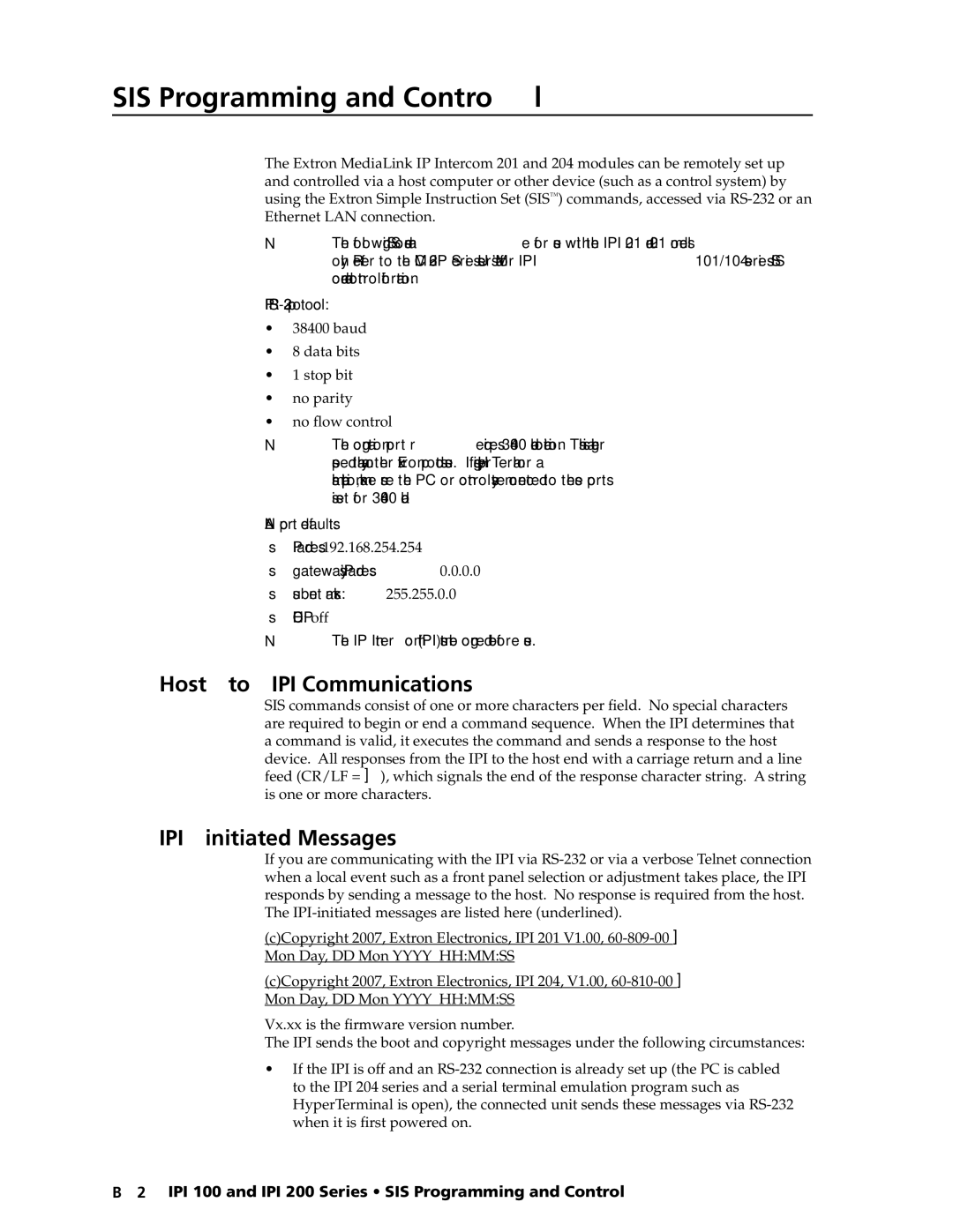 Extron electronic IPI 100, IPI 200 manual SIS Programming and Control, Host-to-IPI Communications, IPI-initiated Messages 