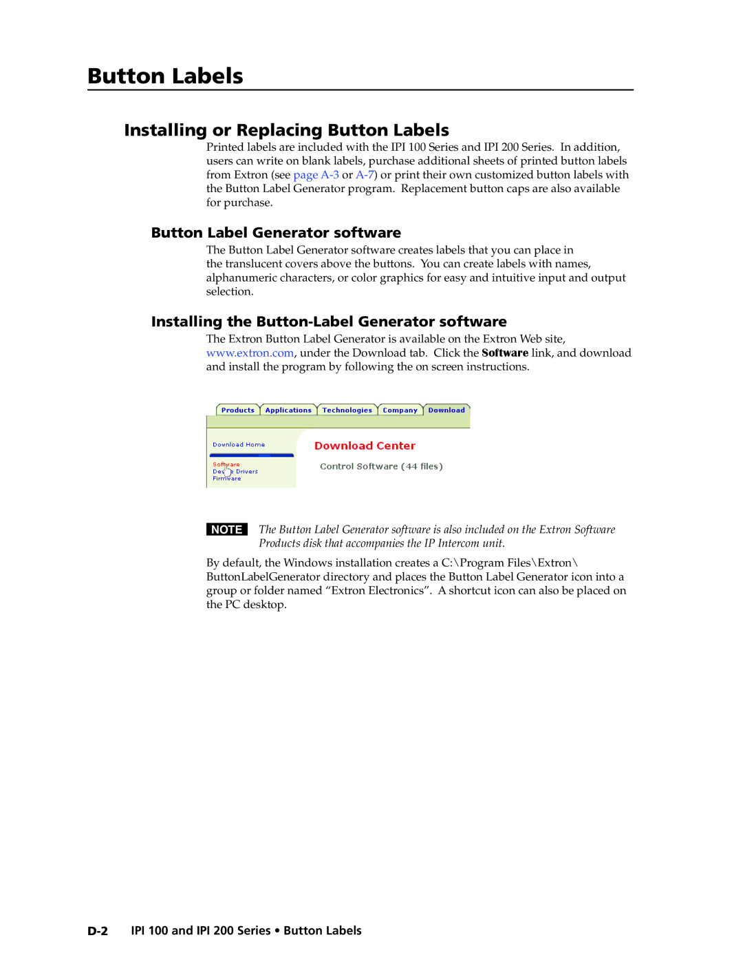 Extron electronic IPI 100, IPI 200 manual Installling or Replacing Button Labels, Button Label Generator software 