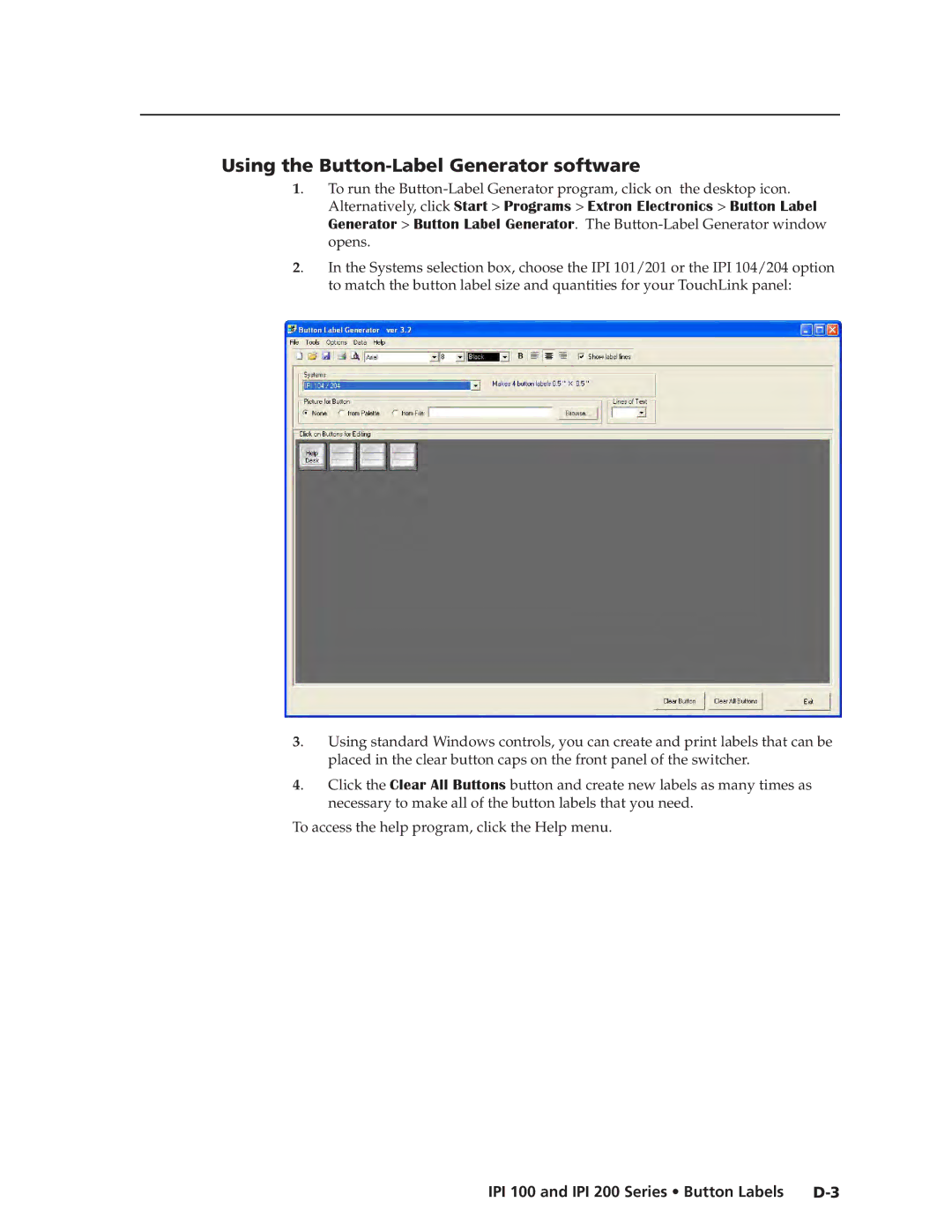 Extron electronic IPI 200, IPI 100 manual Using the Button-Label Generator software 