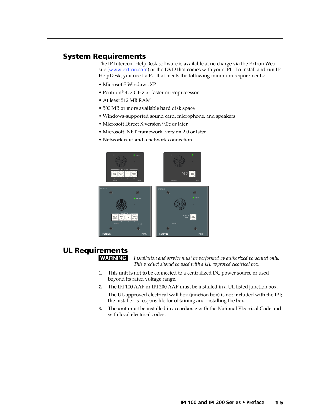 Extron electronic manual System Requirements, UL Requirements, IPI 100 and IPI 200 Series Preface 