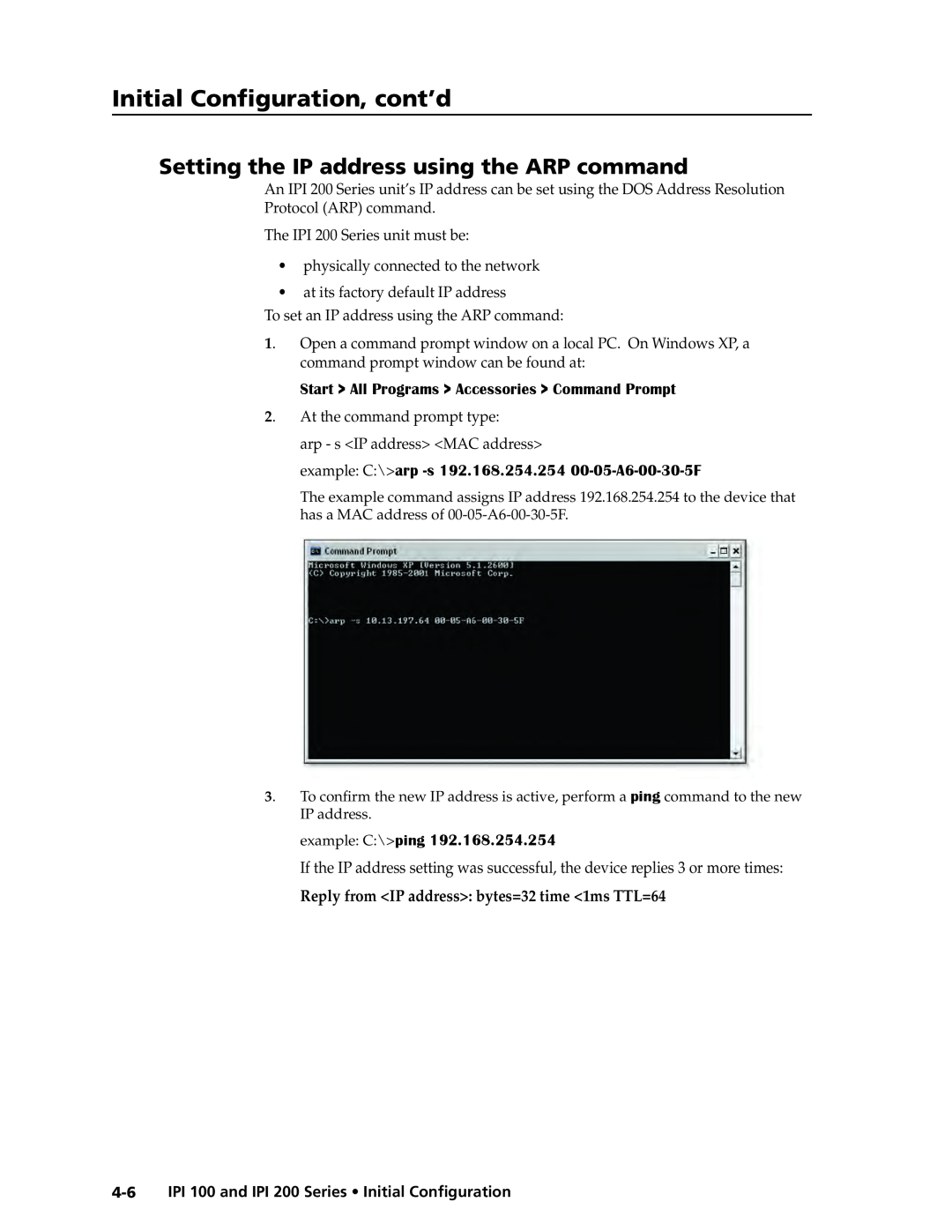 Extron electronic IPI 100 Setting the IP address using the ARP command, Initial Configuration, cont’d, example C\ping 