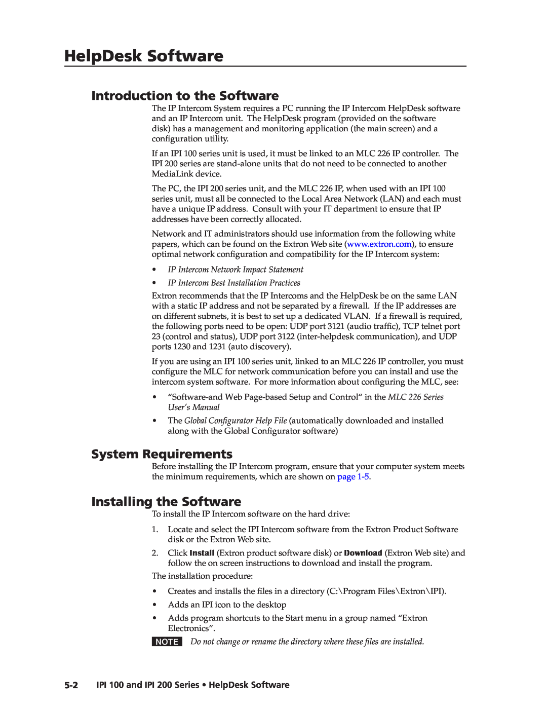 Extron electronic IPI 100 HelpDesk Software, Introduction to the Software, Installling the Software, System Requirements 