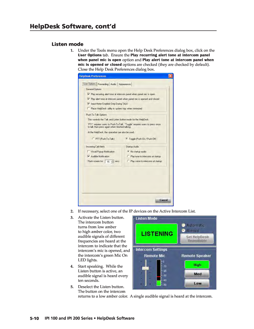 Extron electronic manual Listen mode, HelpDesk Software, cont’d, IPI 100 and IPI 200 Series HelpDesk Software 