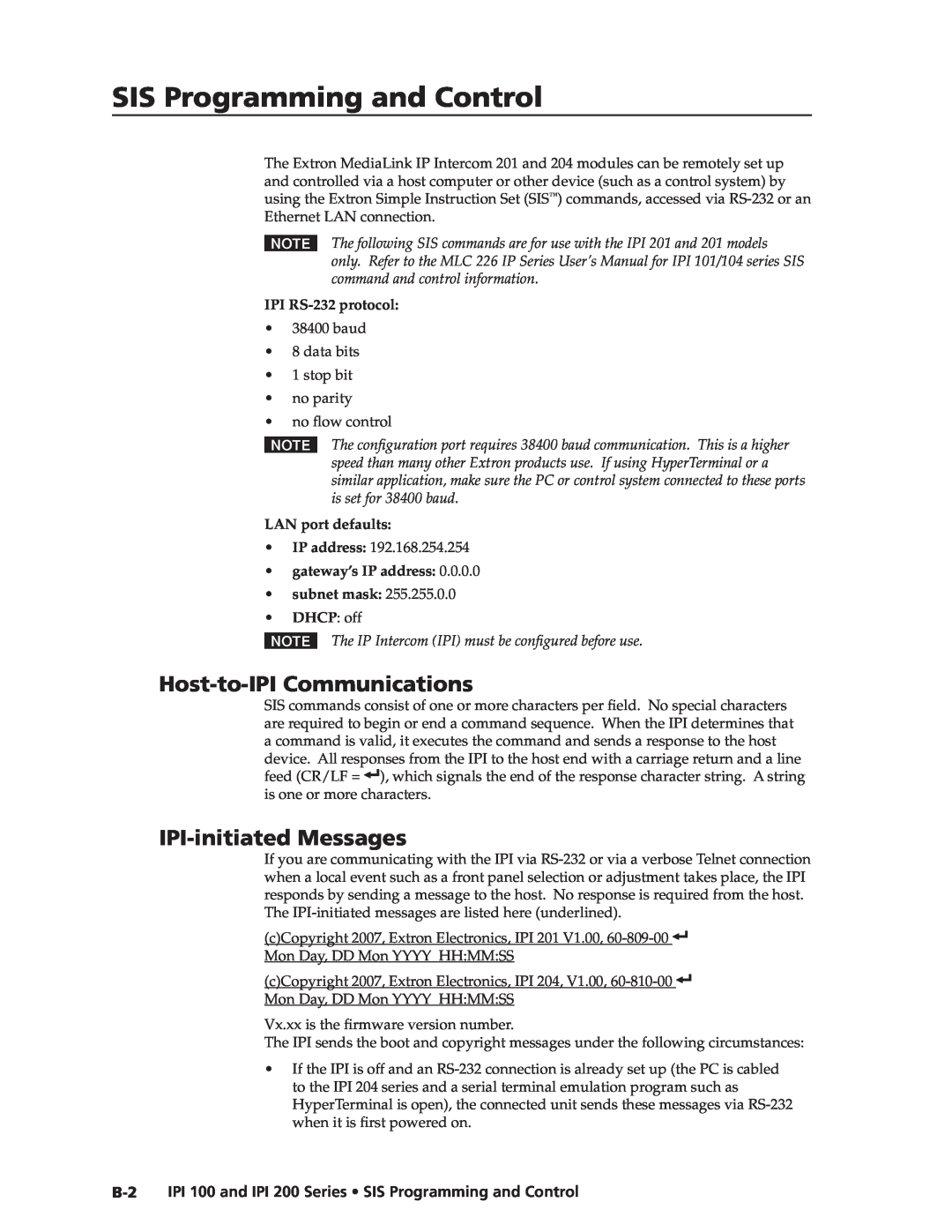 Extron electronic IPI 100, IPI 200 manual SIS Programming and Control, Host-to-IPI Communications, IPI-initiated Messages 