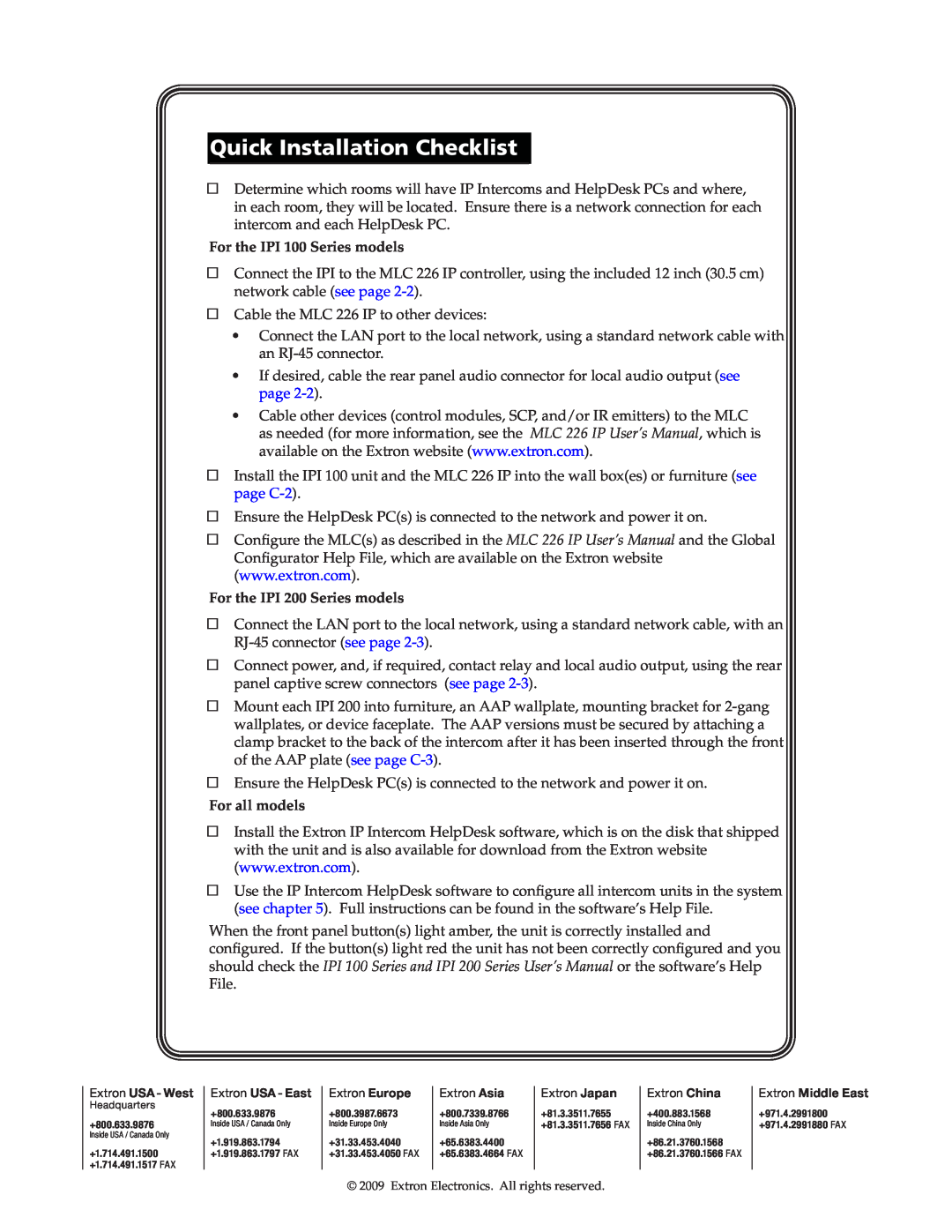 Extron electronic manual Quick Installation Checklist, For the IPI 100 Series models, For the IPI 200 Series models 