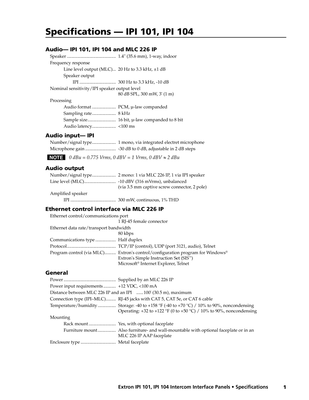 Extron electronic IPI 104 specifications Specifications IPI 101, IPI 