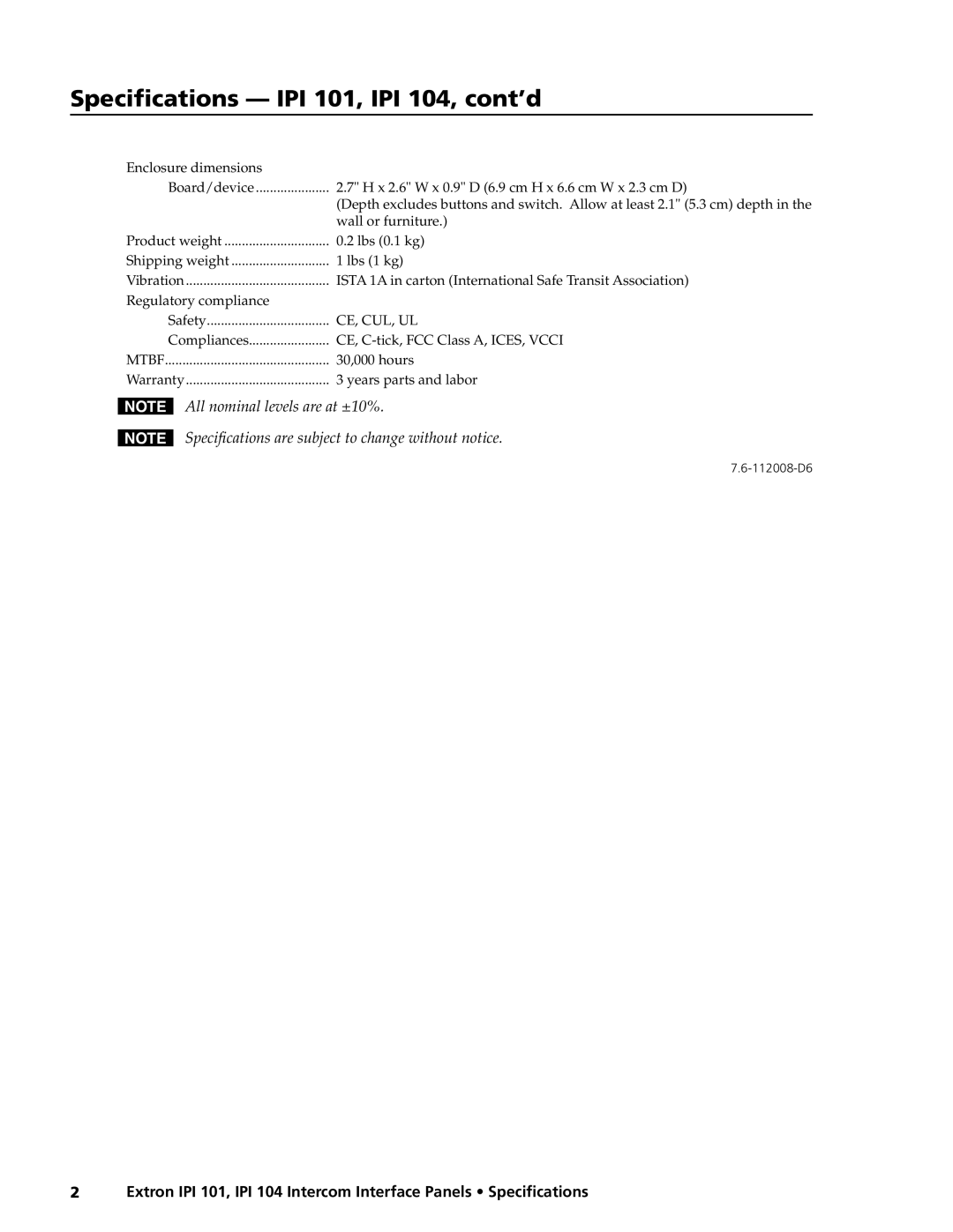 Extron electronic specifications Specifications IPI 101, IPI 104, cont’d, Ce, Cul, Ul 