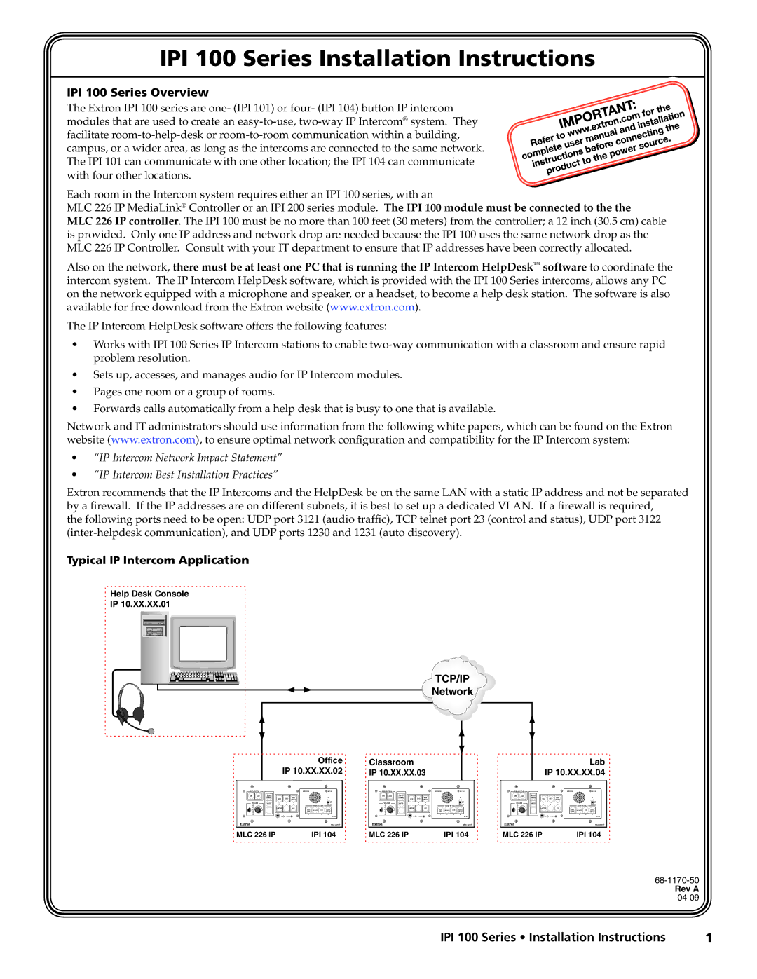 Extron electronic installation instructions IPI 100 Series Overview, IPI 100 Series Installation Instructions, Network 