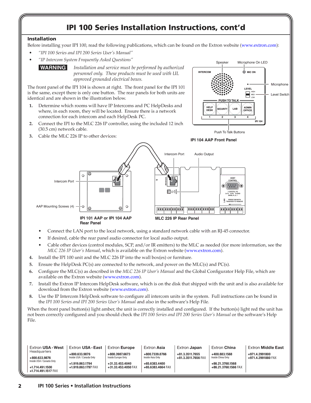 Extron electronic IPI 104, IPI 100 installation instructions Installation 