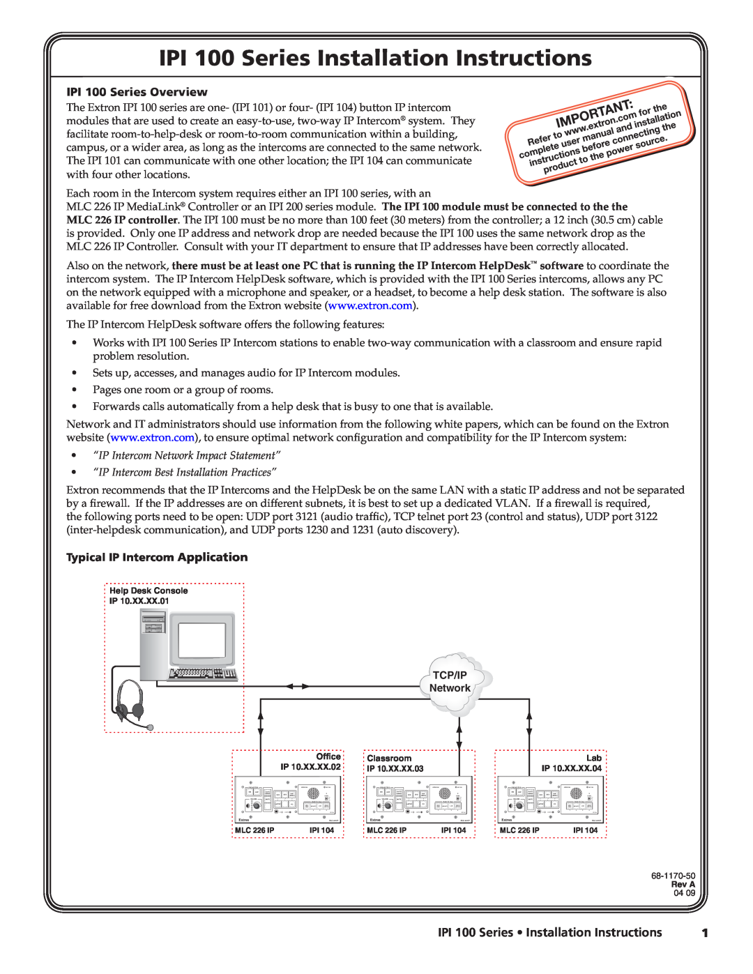 Extron electronic IPI 104 installation instructions IPI 100 Series Overview, IPI 100 Series Installation Instructions 