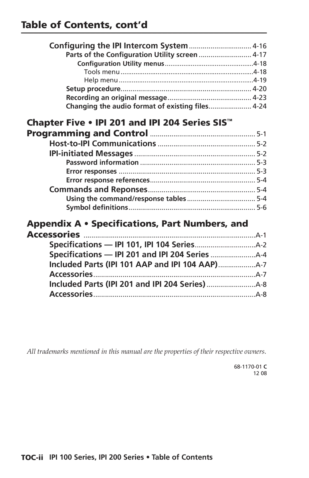 Extron electronic IPI 200 Series, IPI 100 Series manual Table of Contents, cont’d 