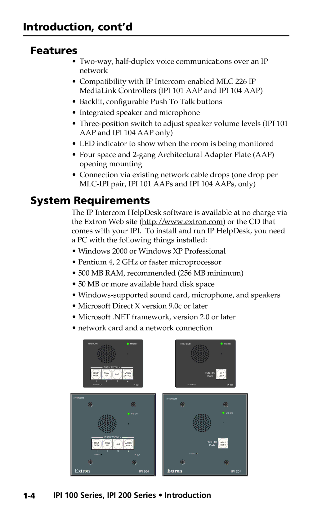 Extron electronic IPI 200 Series, IPI 100 Series manual Introduction, cont’d Features, System Requirements 