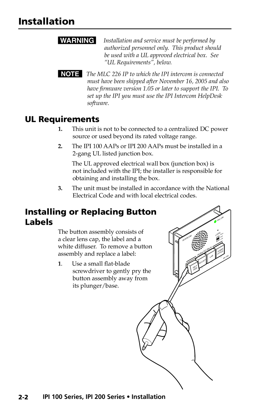 Extron electronic IPI 200 Series, IPI 100 Series manual UL Requirements, Installing or Replacing Button Labels 